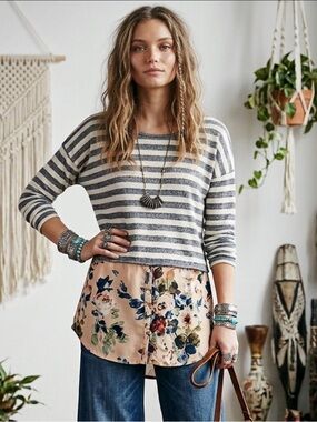 Anthropologie Postmark Ginny Layered Striped Floral Sweater Women's Large
